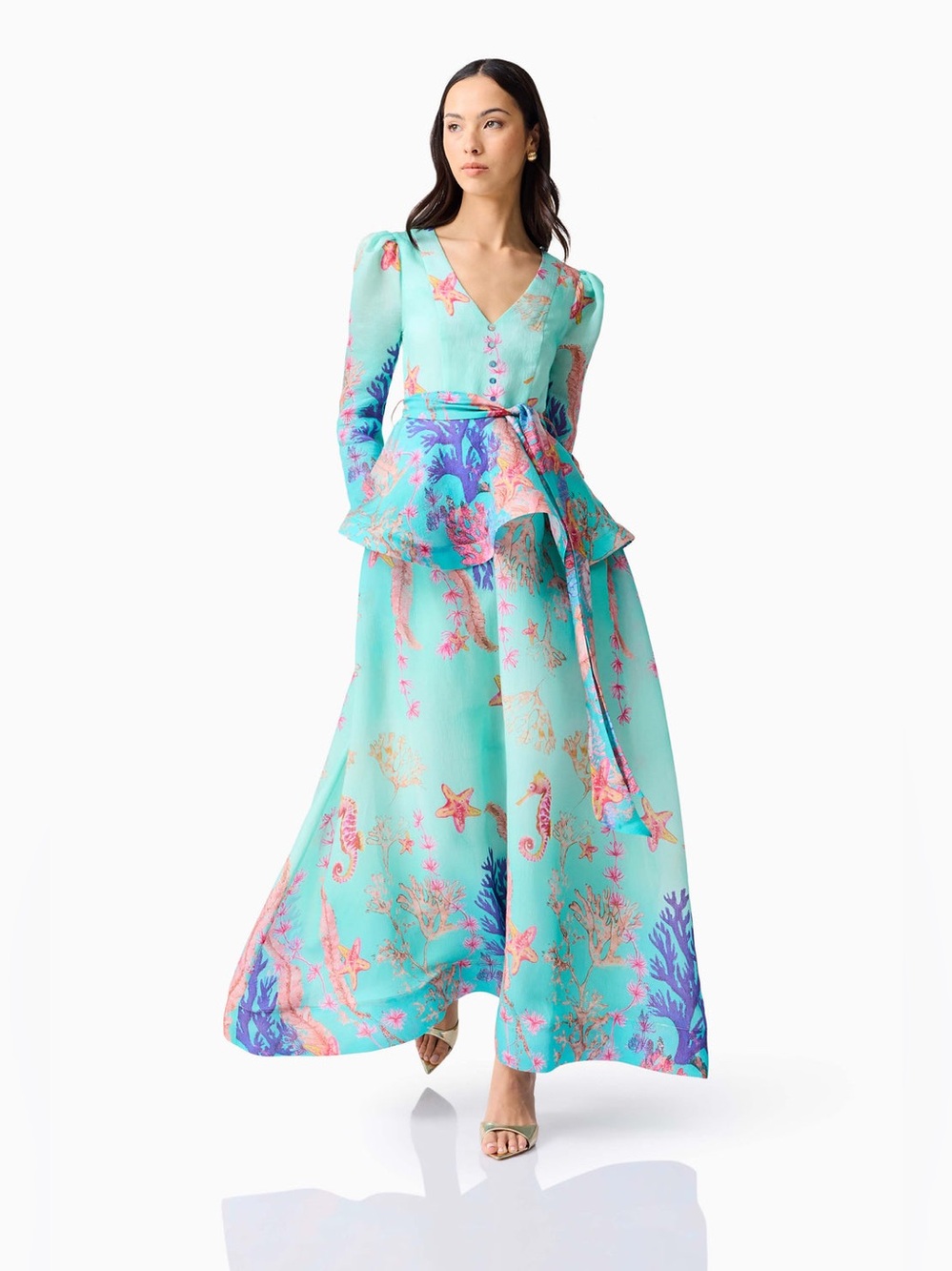 ELLIATT Coral Long Sleeve Maxi Dress in Blue Multi Size S NWT
